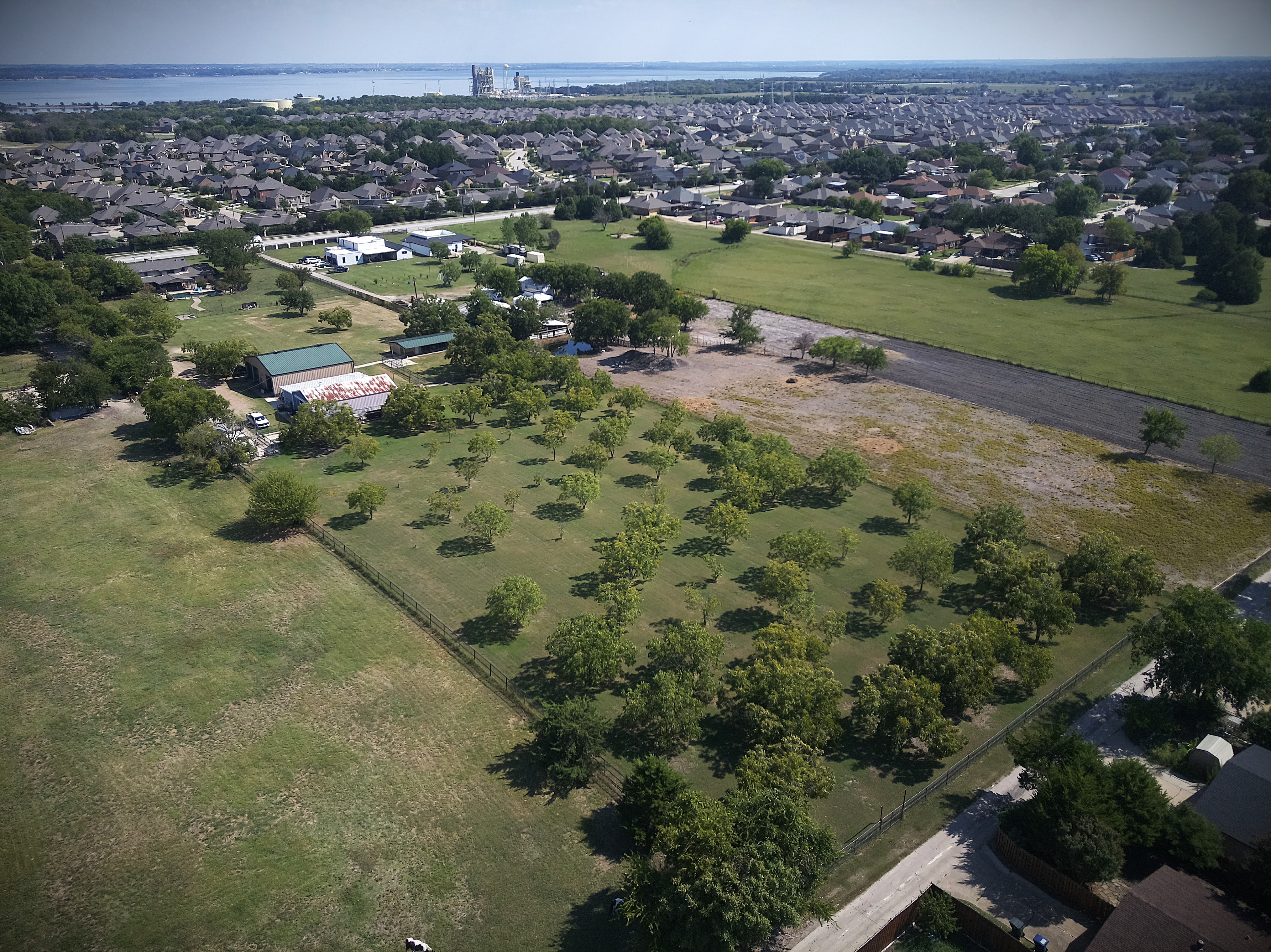 Aerial view over farm fields